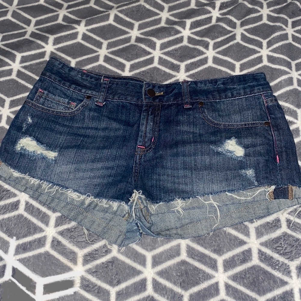 EUC PINK VS distressed jean shorts. Size 8. Dark wash